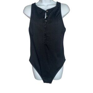 Sz.L (12-14)*Shade & Shore*1 Pc. Black Racerback Swimsuit w/ Snaps Halfway Down